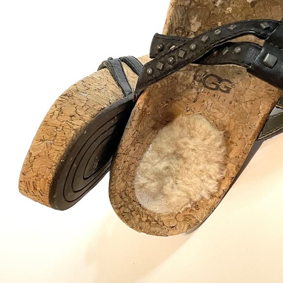 UGG Deitra Dual Strap Studded Leather Cork Thong Flip Flop Sandal Shoe 7 Black - Picture 10 of 10